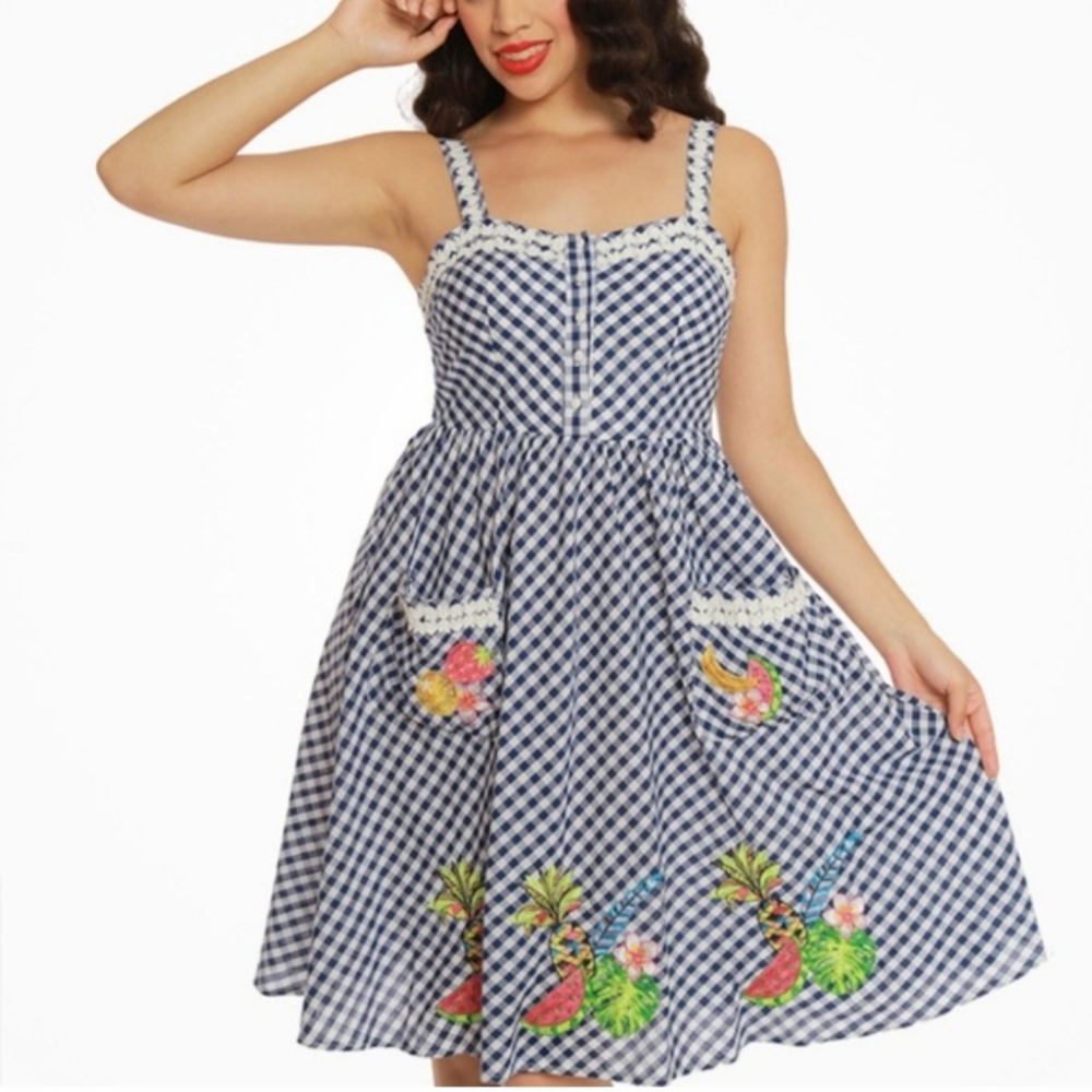 LINDY BOP CORINNA BLUE GINGHAM EMBROIDERED SUNDRESS  EUC  UK16